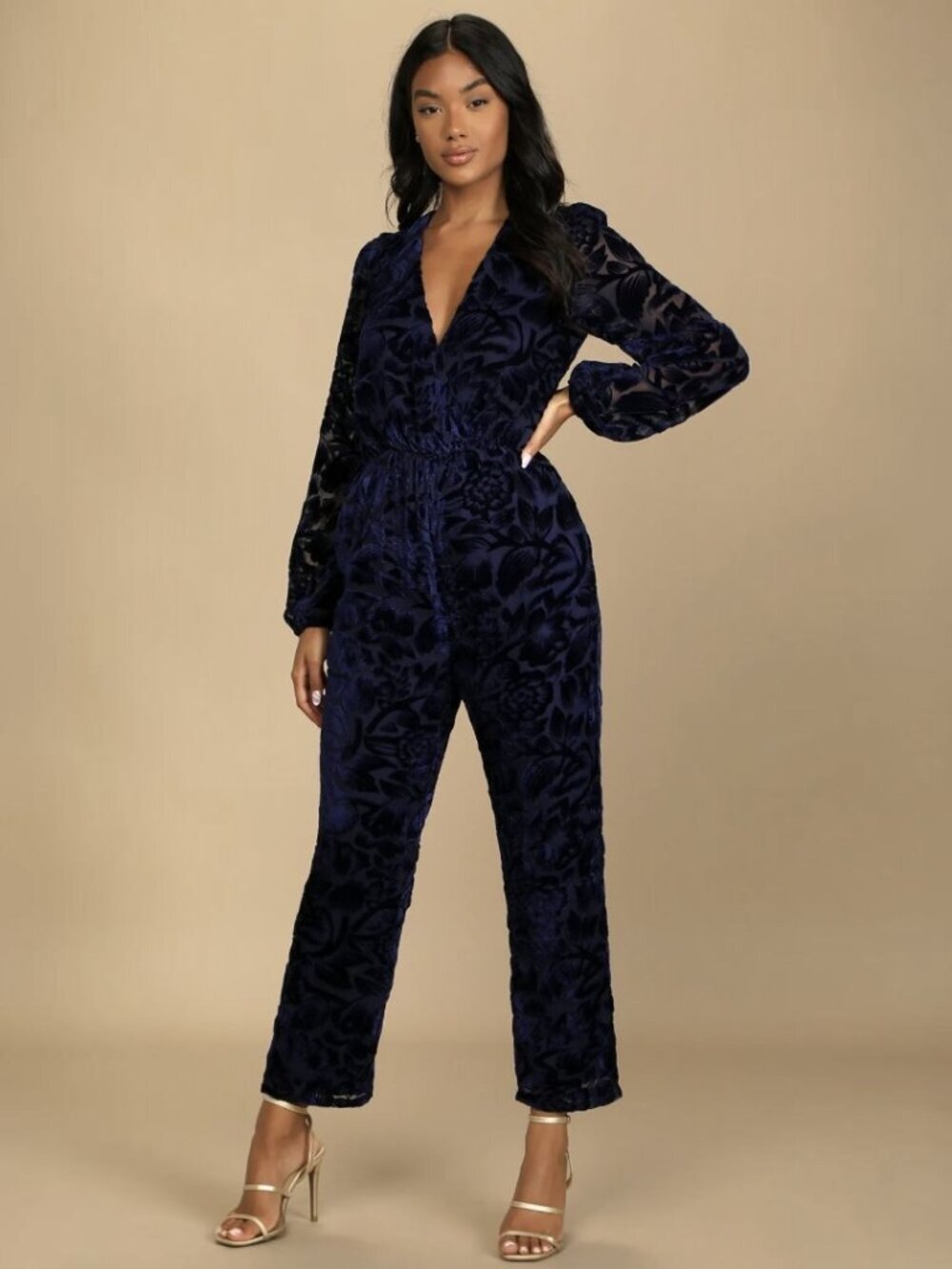 NWT Lulus Got You Gorgeous Navy Blue Burnout Velvet Long Sleeve Jumpsuit (size S
